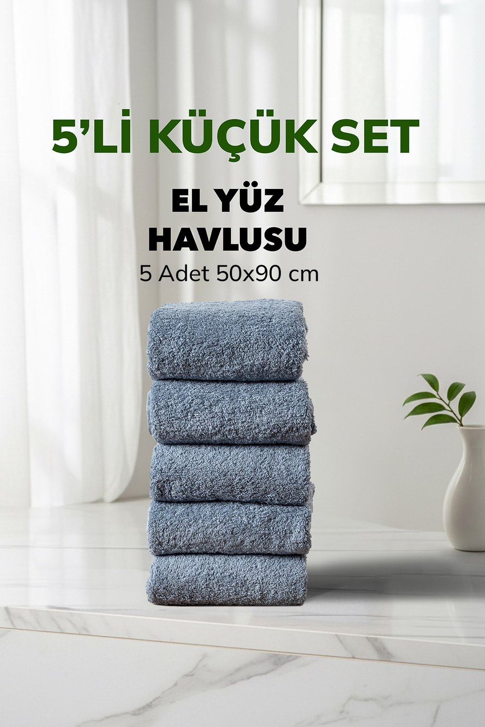 5 li Kareli Mavi Renk Yumuşak Pamuk El Yüz Havlusu Seti 50x90 cm