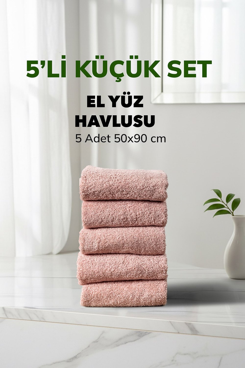 5 li Kareli Pudra Renk Yumuşak Pamuk El Yüz Havlusu Seti 50x90 cm
