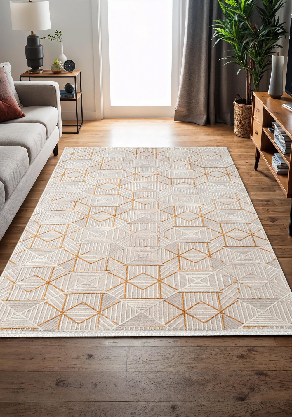 Armada AD009S Akrilik Gri Halı Beyaz Gold Geometrik Detaylı