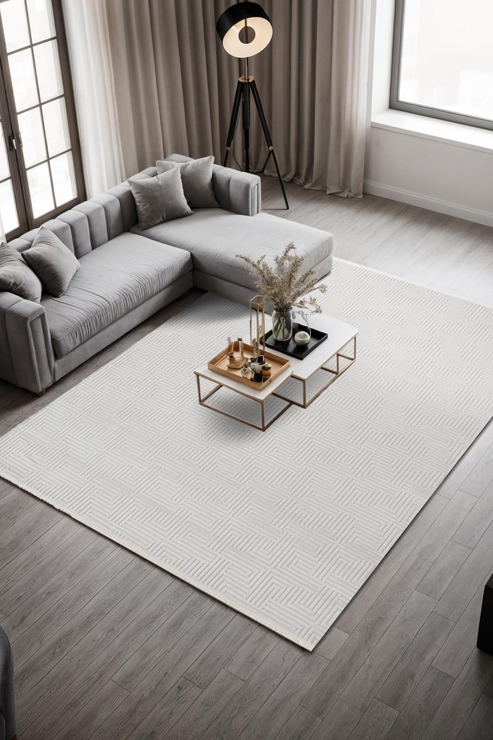 Clay CT004A  Beyaz Halı Modern Desenli Triko Akrilik Pamuk Tabanlı Kaymaz Salon Oturma Odası Halısı