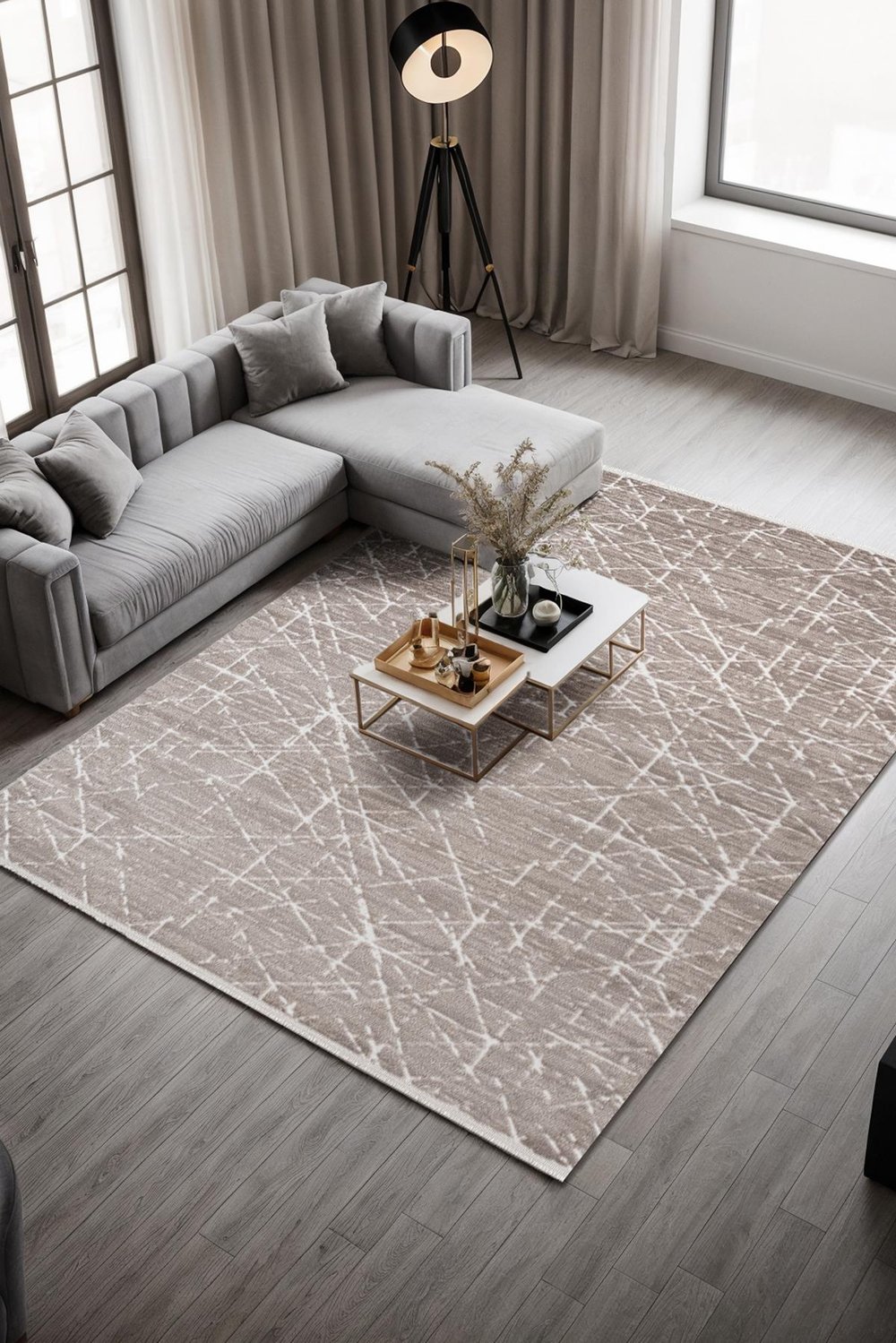 Clay CT006A Bej Halı Modern Geometrik Desenli Triko Akrilik Pamuk Tabanlı Kaymaz Salon Halısı