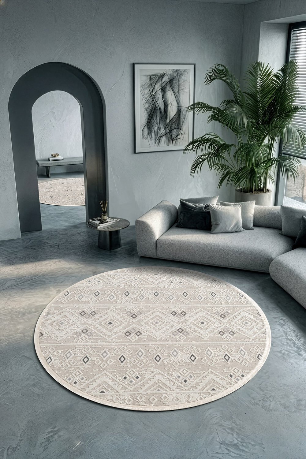 Cotto Motto TT008A Yuvarlak Krem Halı Modern Geometrik Desen Pamuk Taban Yıkanabilir Salon Mutfak