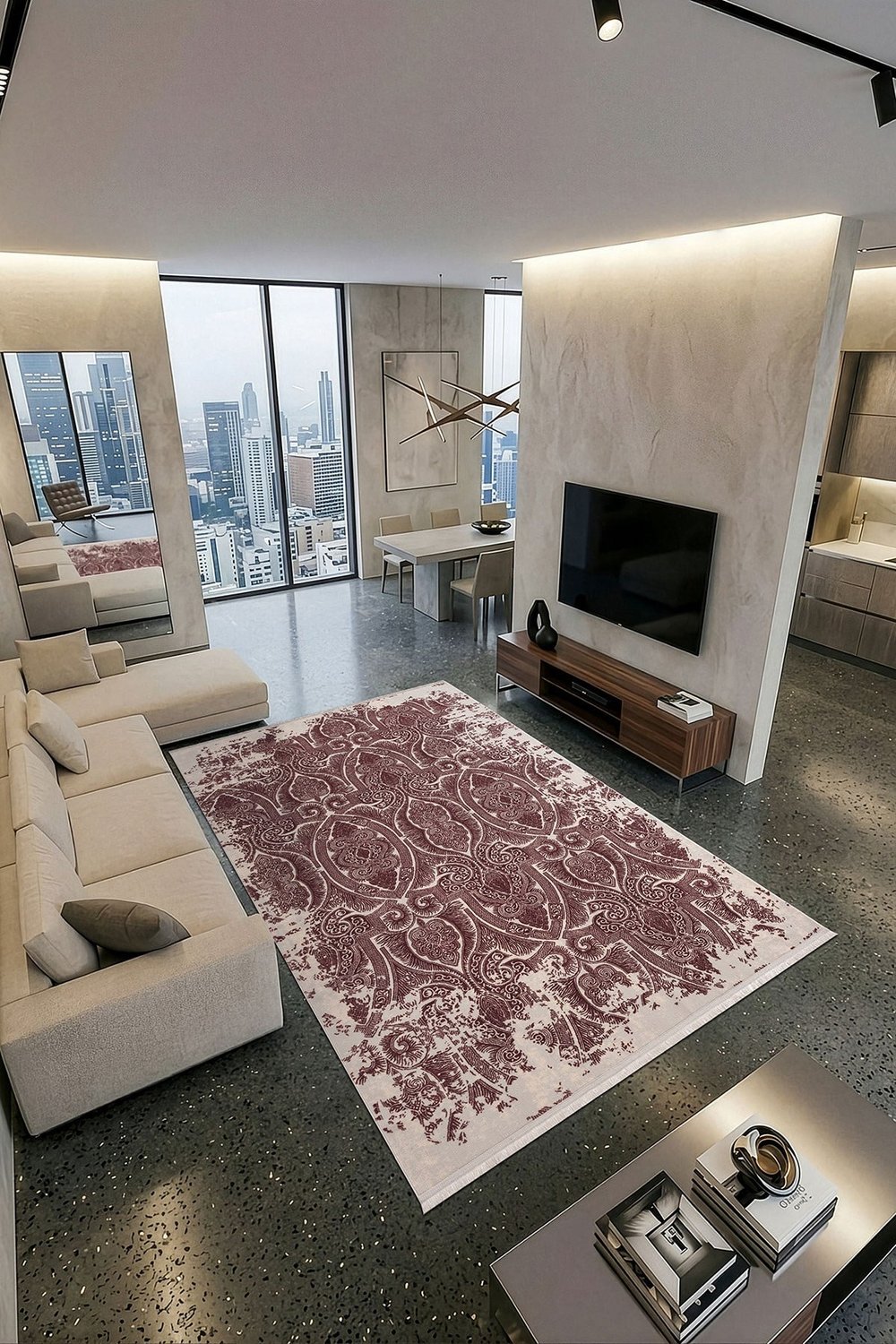 İpeksi IP025L Gri Bordo Modern Desen Pamuk Taban Salon Mutfak Halısı Tozu Yok