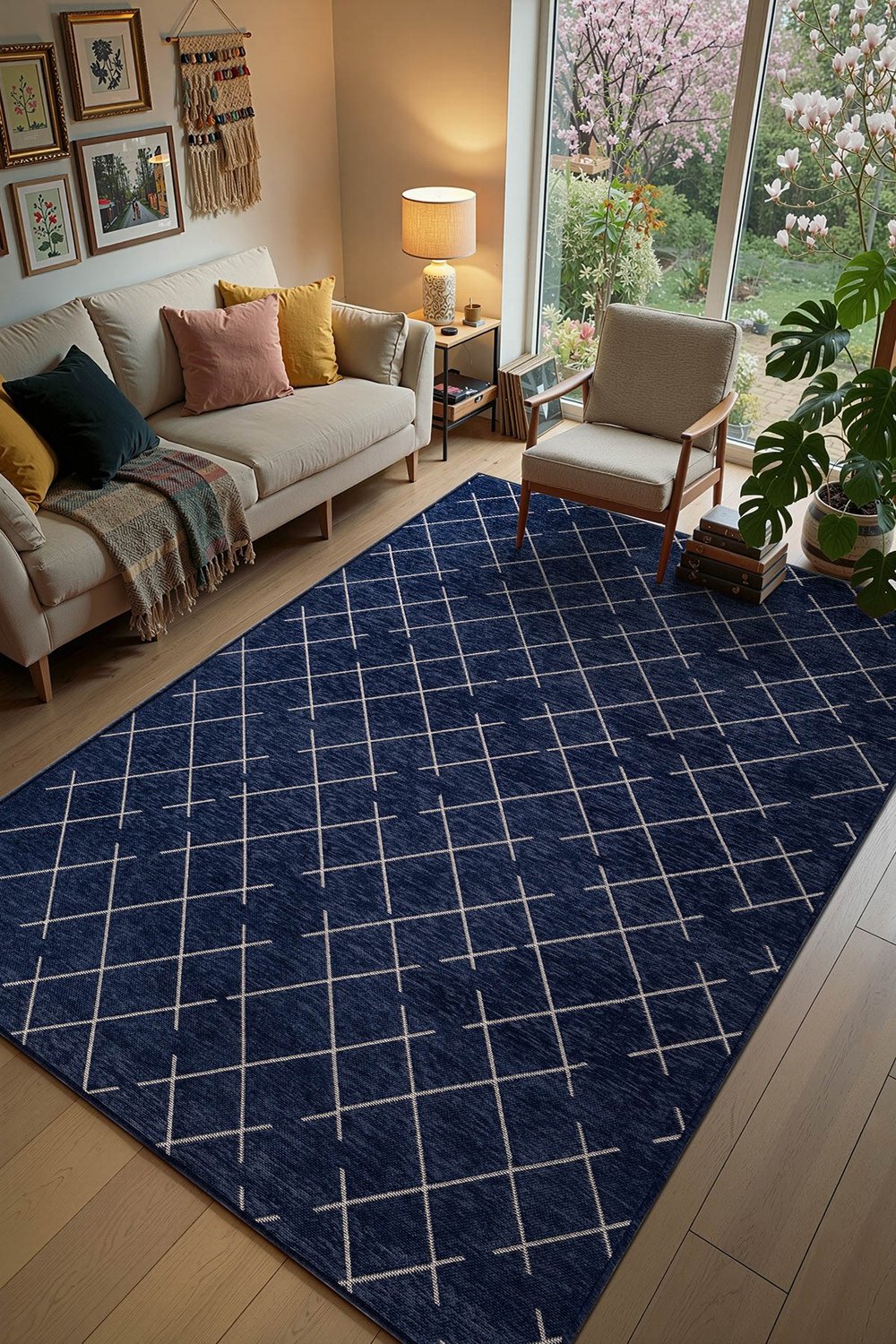 Malta MLT01N Lacivert Dekoratif Şönil Kilim Geometrik Desen Yıkanabilir Yumuşak Kaymaz Taban Halı
