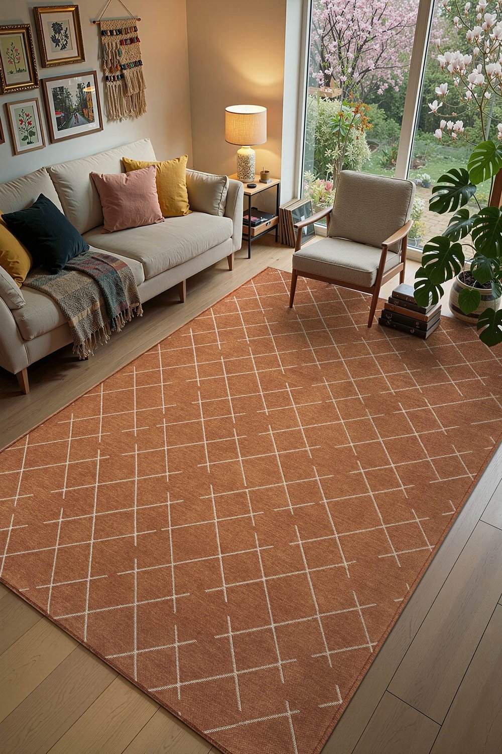 Malta MLT01T Turuncu Dekoratif Şönil Kilim Geometrik Desen Yıkanabilir Yumuşak Kaymaz Taban Halı