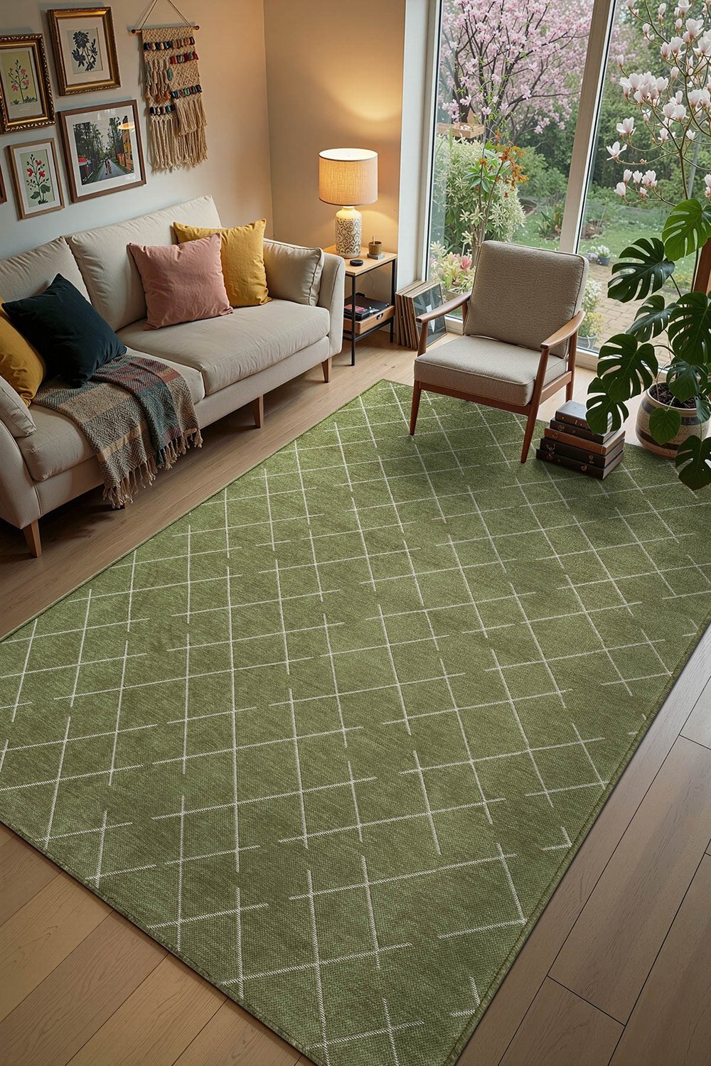 Malta MLT01Y Yeşil Dekoratif Şönil Kilim Geometrik Desen Yıkanabilir Yumuşak Kaymaz Taban Halı