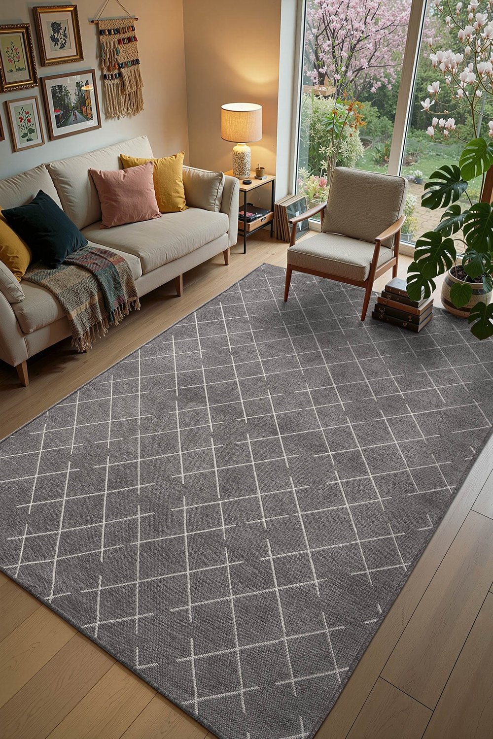 Malta MLT01Z Antrasit Dekoratif Şönil Kilim Geometrik Desen Yıkanabilir Yumuşak Kaymaz Taban Halı