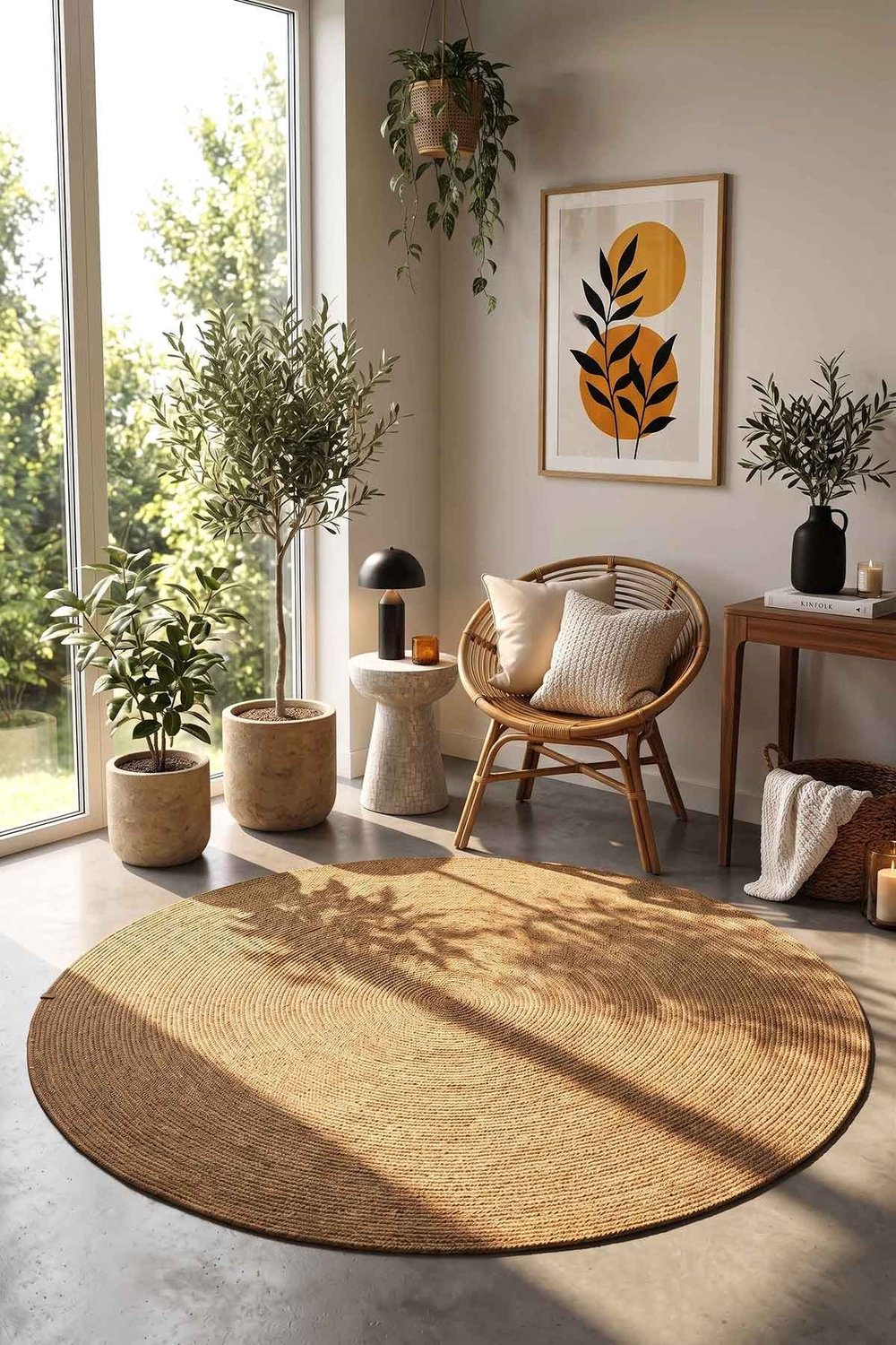Nostera Örgü Hasır Görünümlü Yuvarlak Daire Dekoratif Kilim