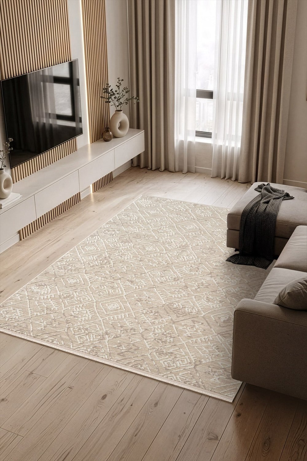 Stena SA006A Krem Bej Halı Geometrik Desen Pamuk Taban Salon Halısı Yatak Odası Koridor