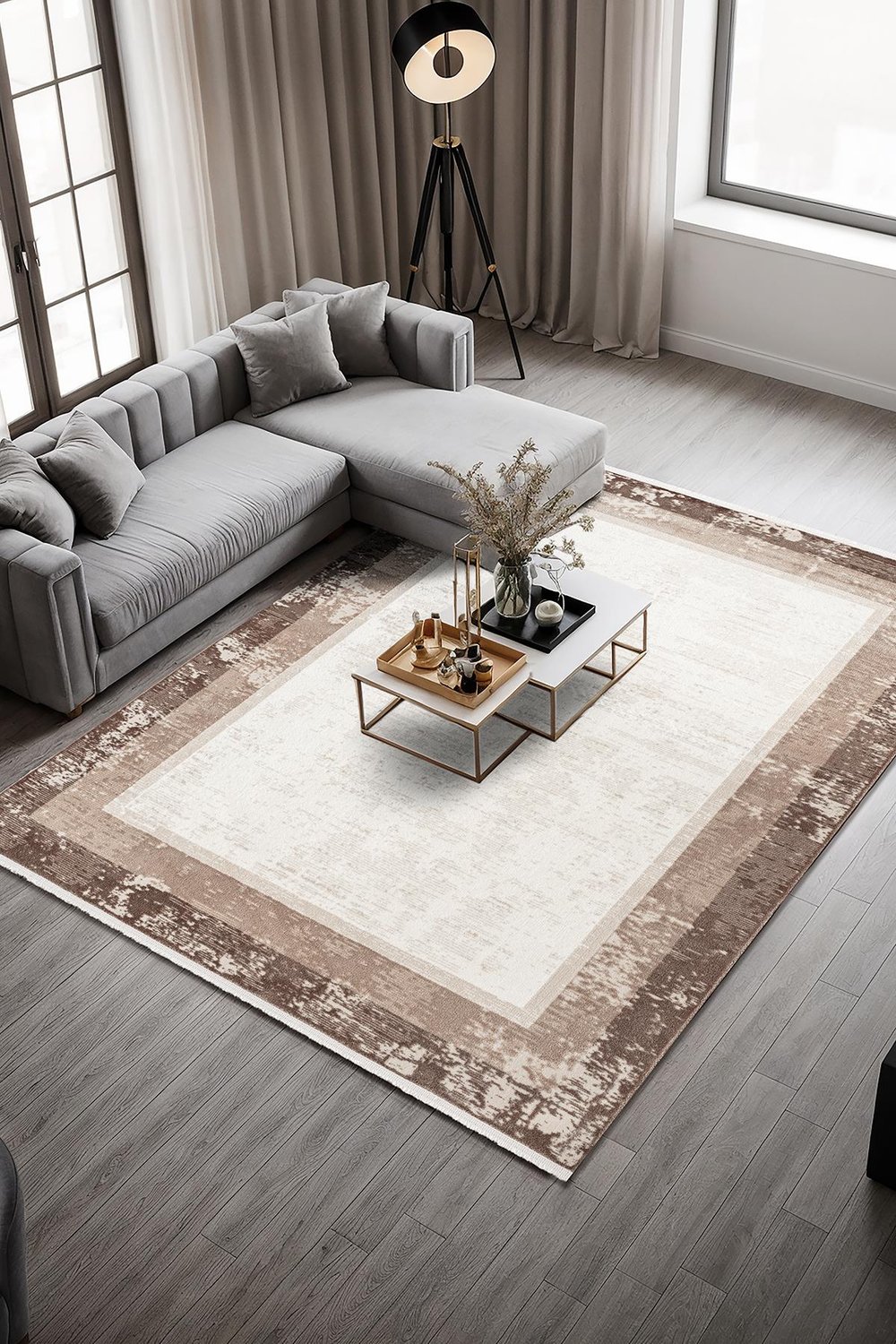 Valera CT003ABej Halı Kahverengi Kenar Çerçeveli Akrilik Tozuaz Modern Salon Halısı Yatak Odası