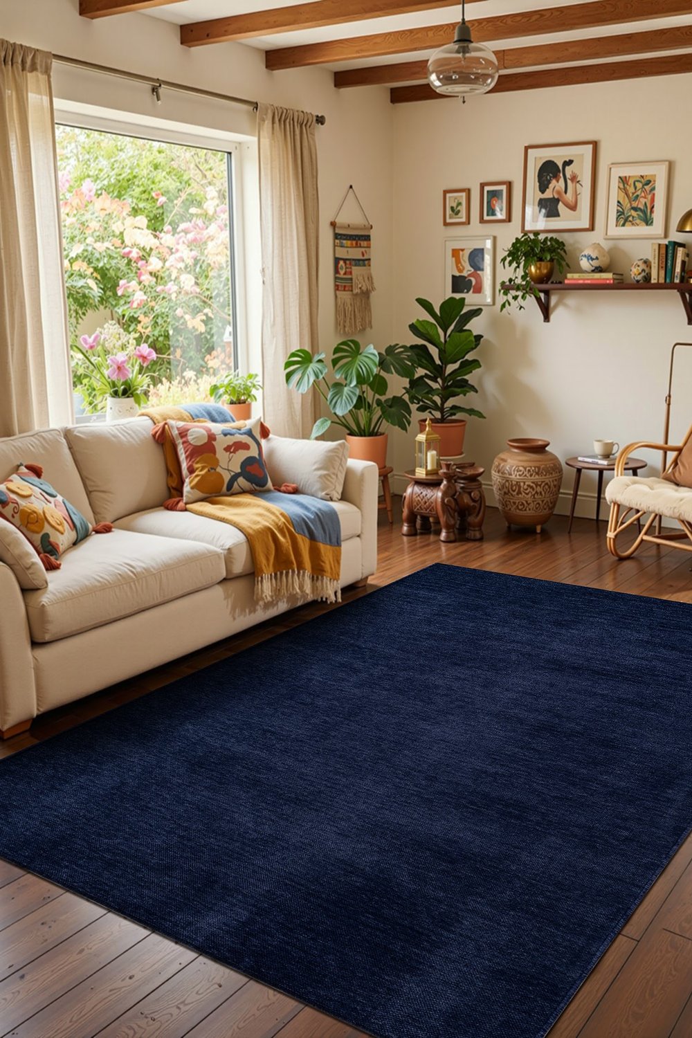 Valerıa VLR01N Lacivert Dekoratif Şönil Kilim Modern Desen Yıkanabilir Yumuşak Kaymaz Taban Halı