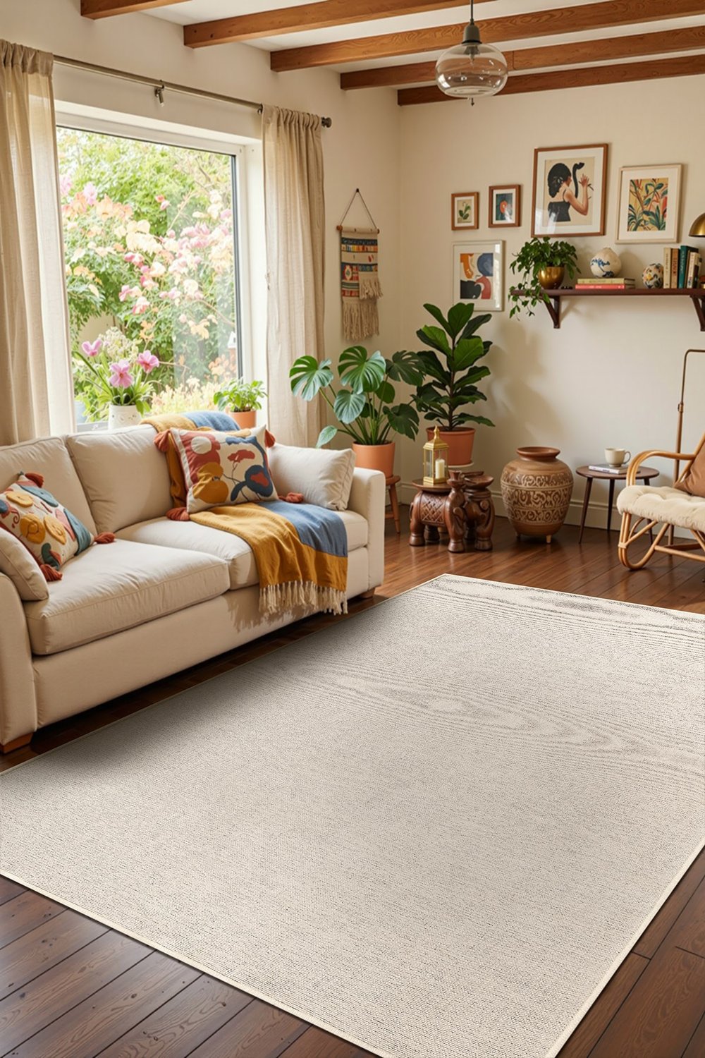 Valerıa VLR01W Krem Beyaz Dekoratif Şönil Kilim Modern Desen Yıkanabilir Yumuşak Kaymaz Taban Halı