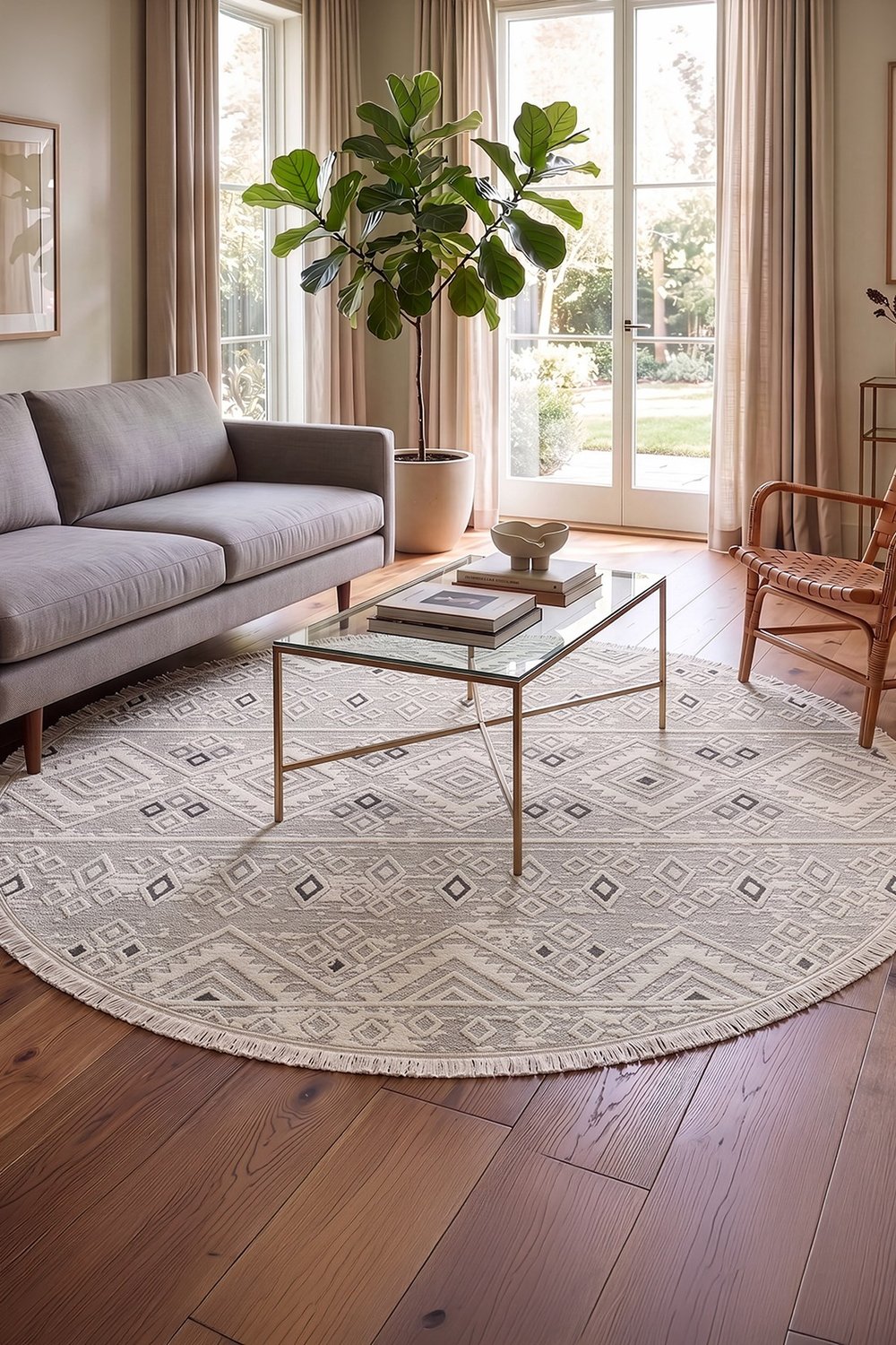 Cotto Motto TT008A Yuvarlak Krem Halı Modern Geometrik Desen Pamuk Taban Yıkanabilir Salon Mutfak