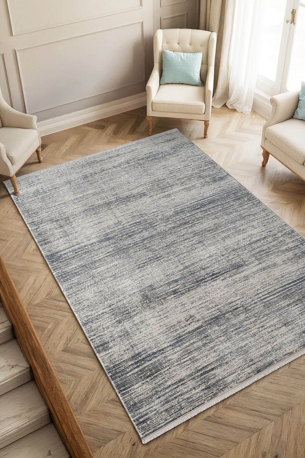 Loya LY010M Gri Halı Mavi  Detaylı Modern Desenli Pamuk Taban Salon Halısı Yatak Odası Koridor