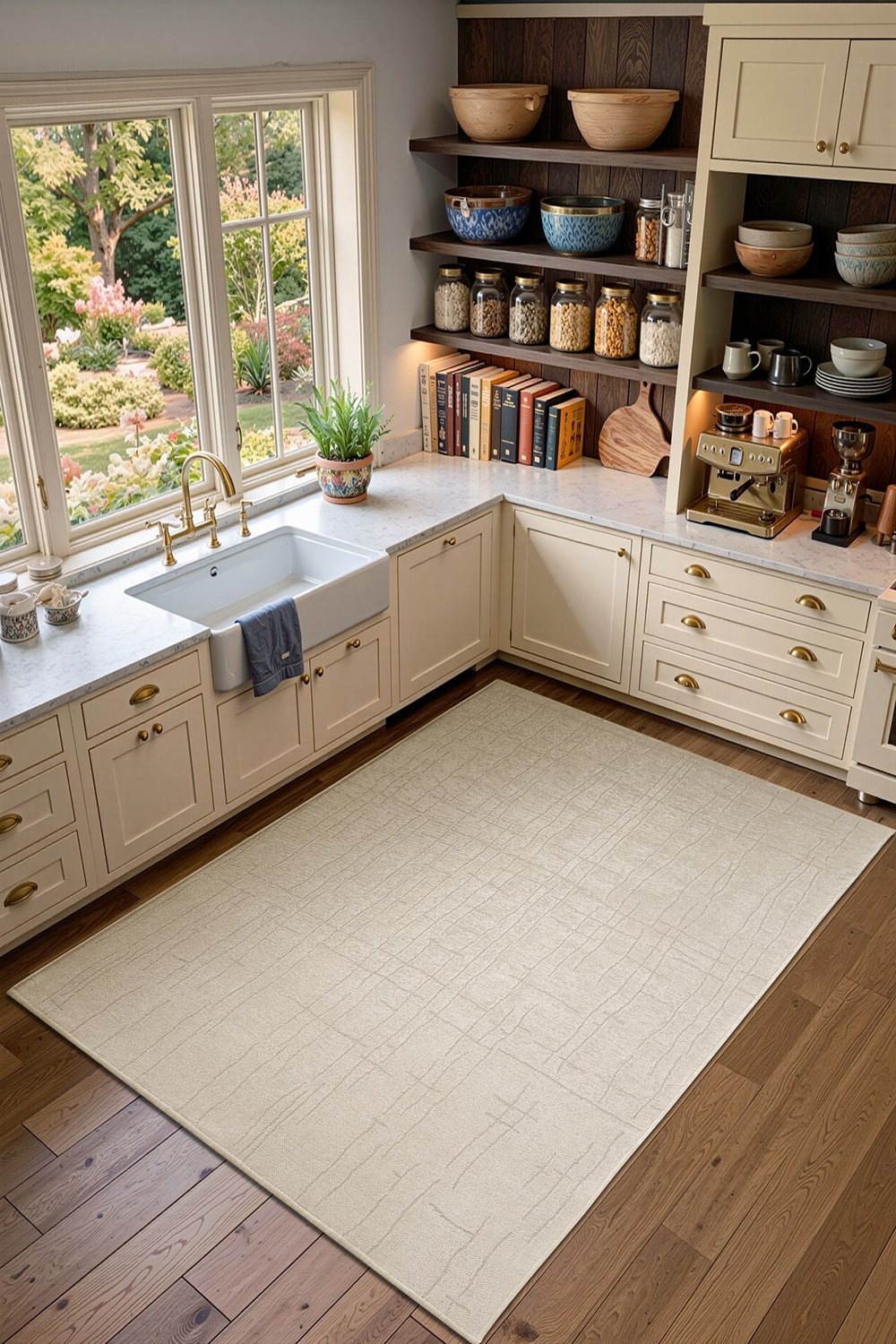 Seria SRA01W Krem Dekoratif Şönil Kilim Çizgili Desen Yıkanabilir Yumuşak Kaymaz Taban Halı Yolluk