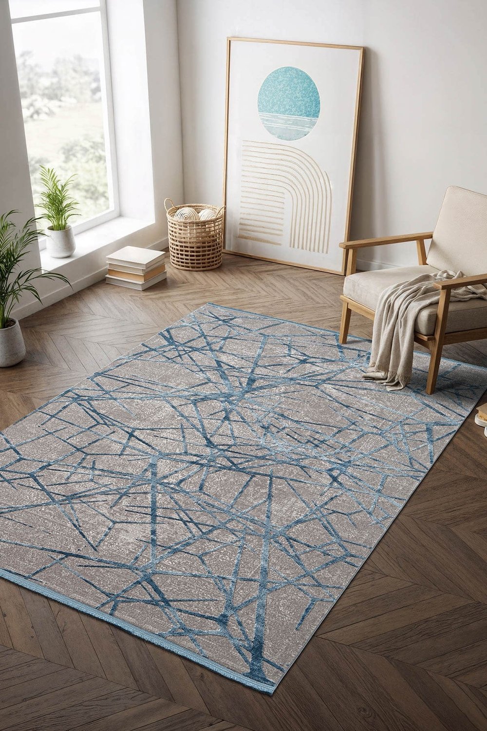 Step SE001M Gri Halı Modern Dekoratif Mavı Çizgili Pamuk Taban