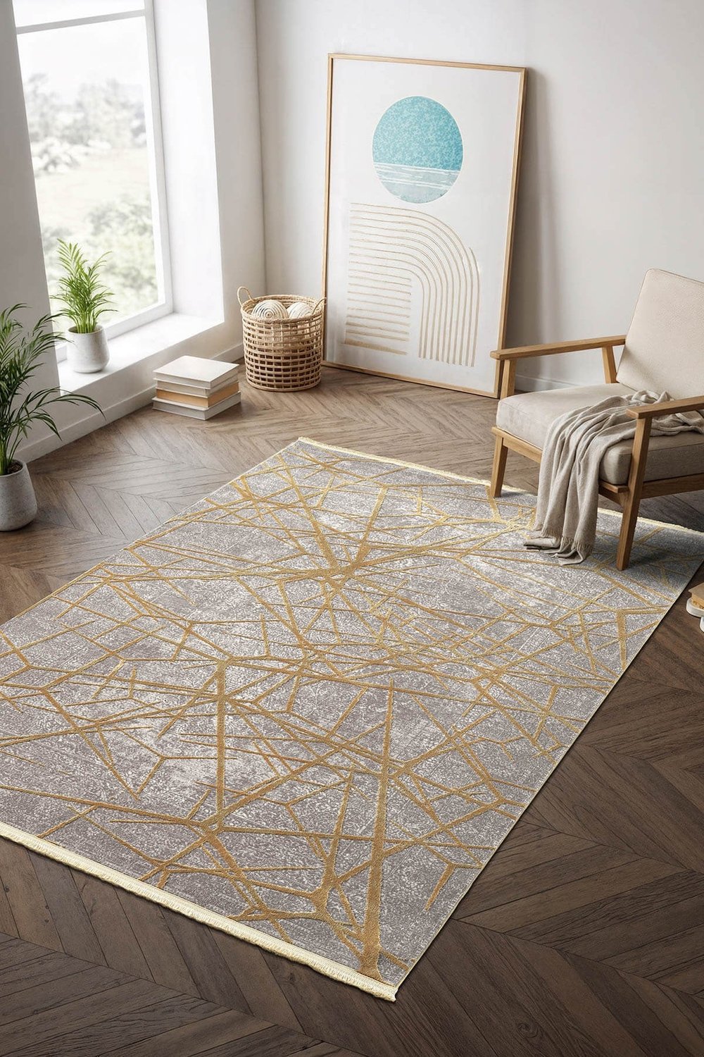 Step SE001S Gri Halı Modern Dekoratif Gold Çizgili Pamuk Taban