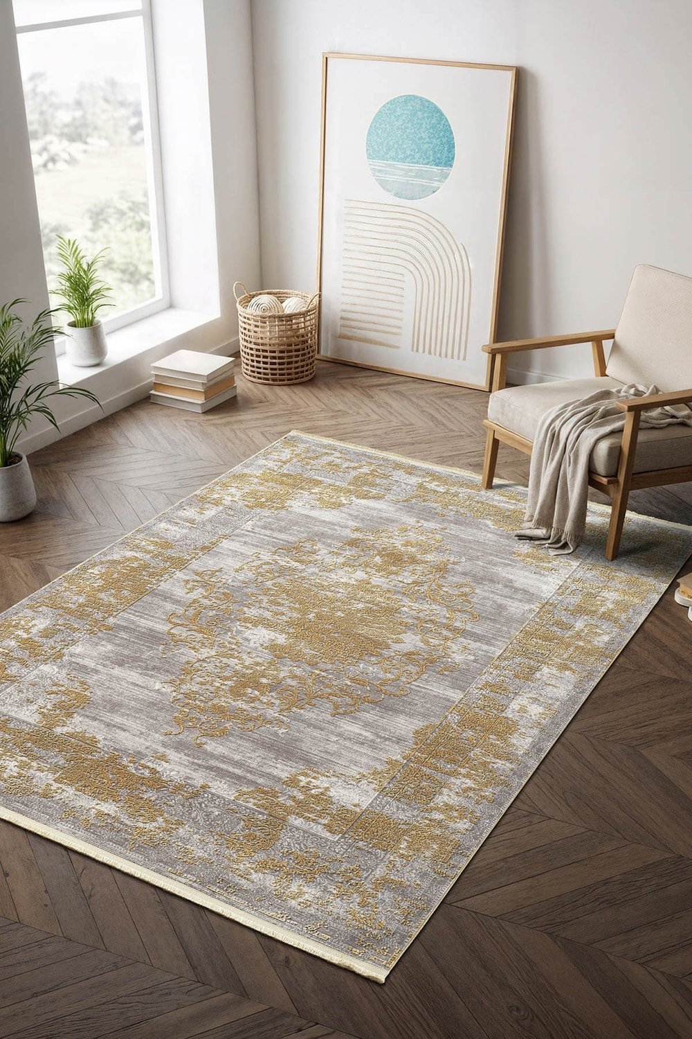 Step SE002S Gold Renk Kalsik Halı Dekoratif Çerçeveli Pamuk Taban