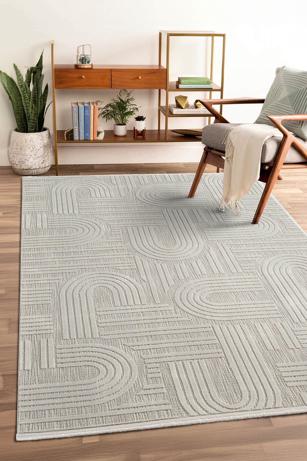 Tablo TL007A Gri Halı Geometrik Desen Pamuk Taban Yıkanabilir Salon Halısı Yatak Odası