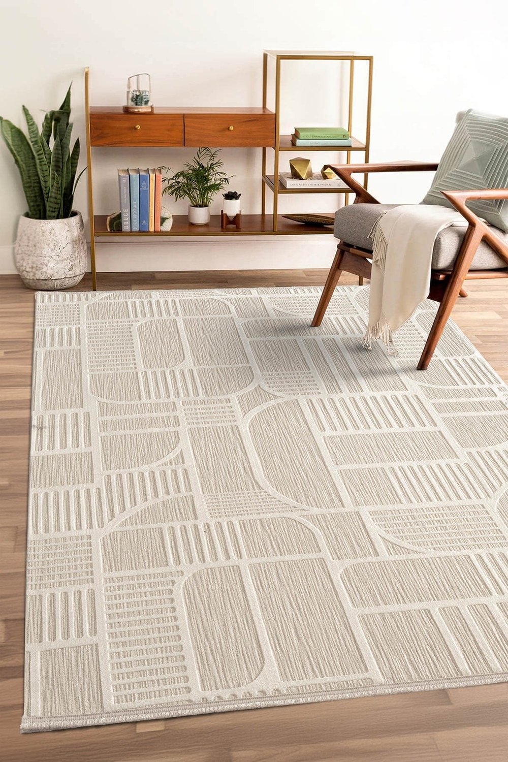 Tablo TL008A Beyaz Halı Geometrik Desen Pamuk Taban Yıkanabilir Salon Halısı Yatak Odası