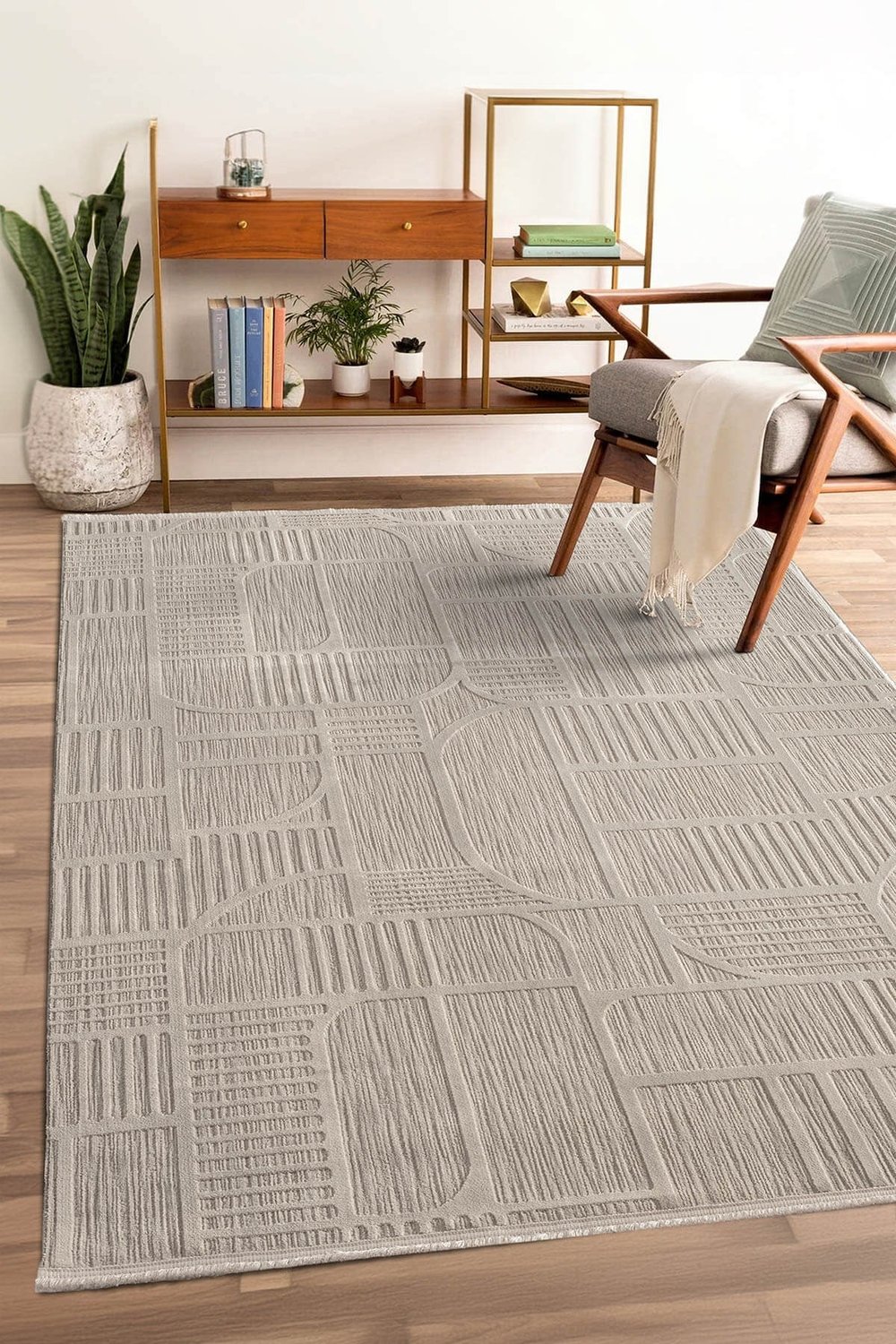 Tablo TL009A Gri Halı Geometrik Desen Pamuk Taban Yıkanabilir Salon Halısı Yatak Odası