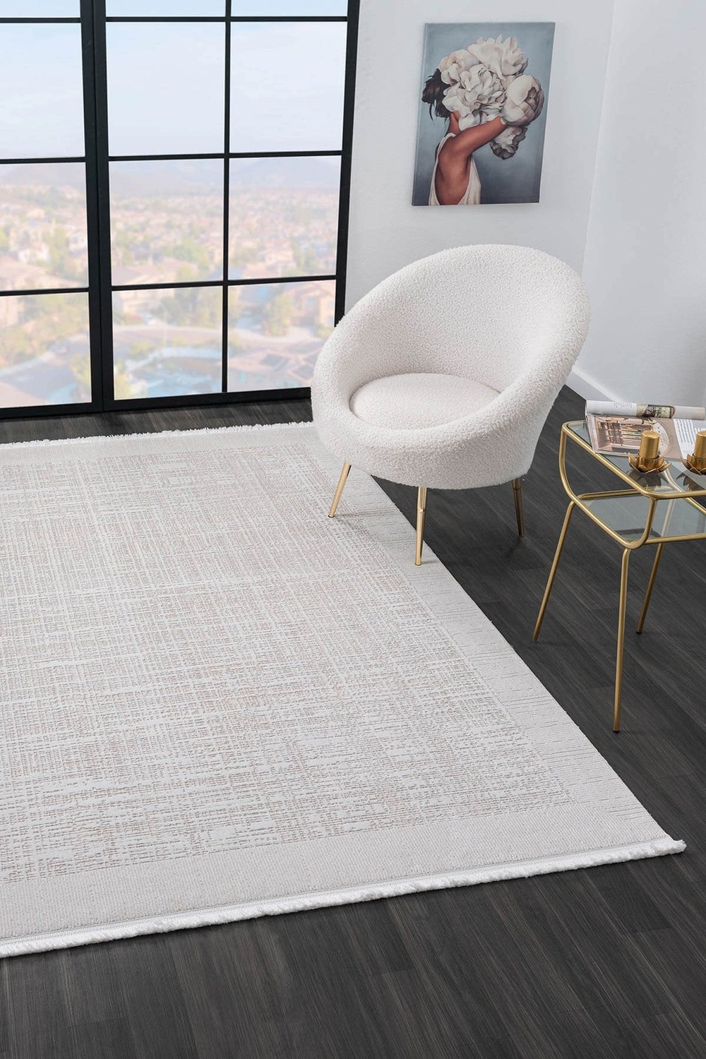 Vista VS003A Beyaz Halı Modern Desen Pamuk Taban Yıkanabilir Salon Halısı Yatak Odası