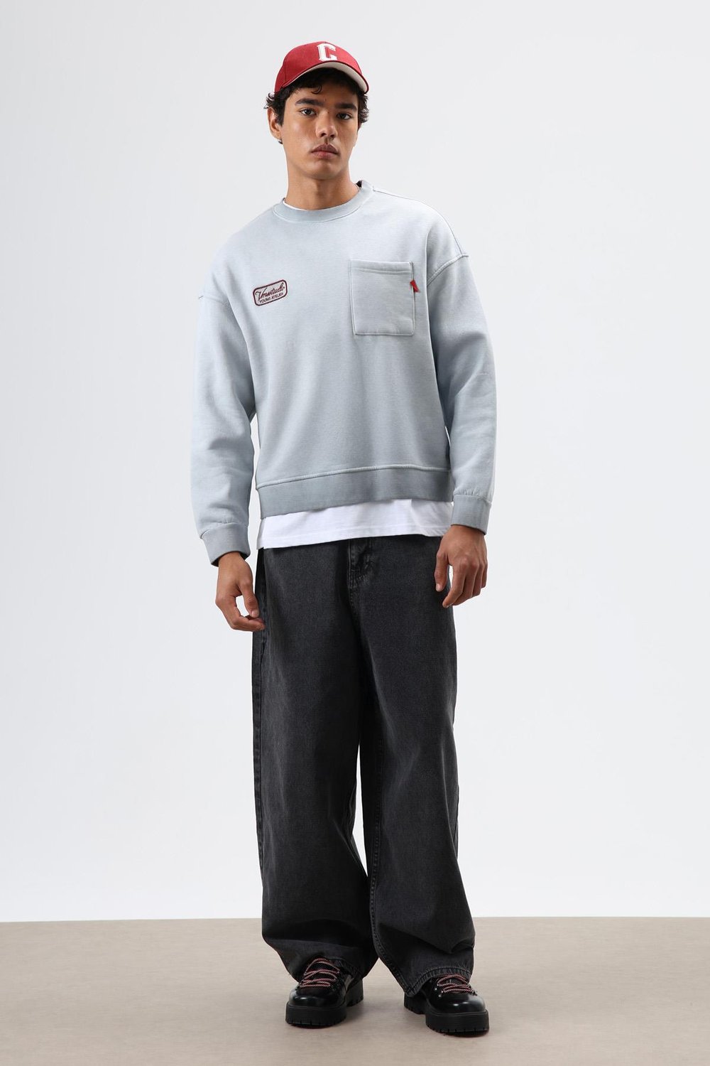 Oversize Bisiklet Yaka Cepli Sweatshirt Gri