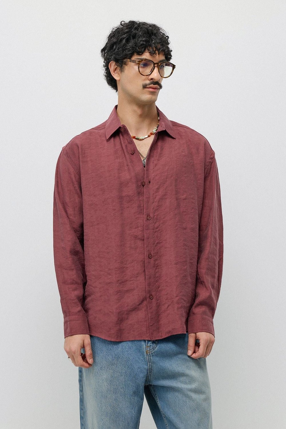 Dökümlü Oversize Modal Karışımlı Gömlek Bordo