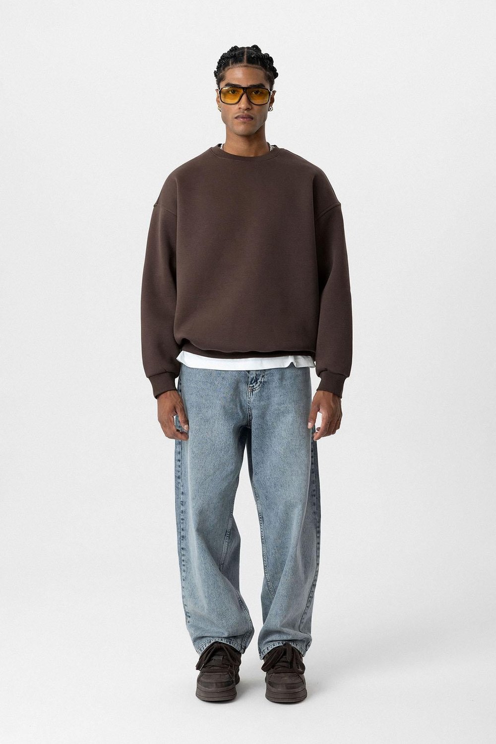 Basıc Oversize Bisiklet Yaka Sweatshirt Kahve