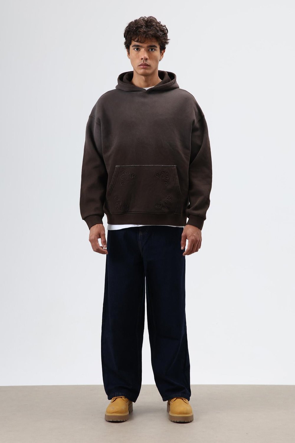 Oversize Nakış Detaylı Hoodie Kahve