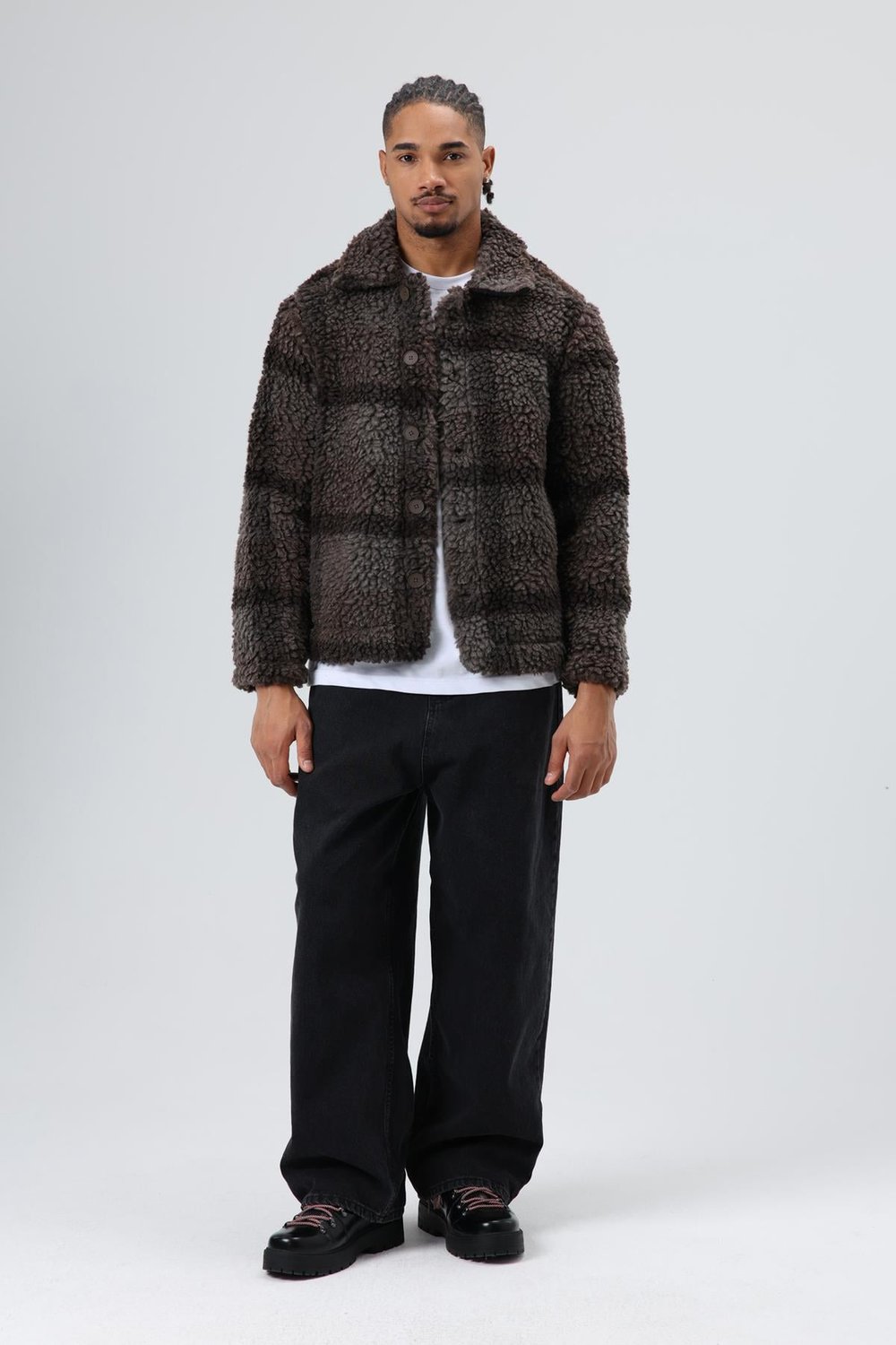 Oversize Peluş Ekose Ceket Kahve