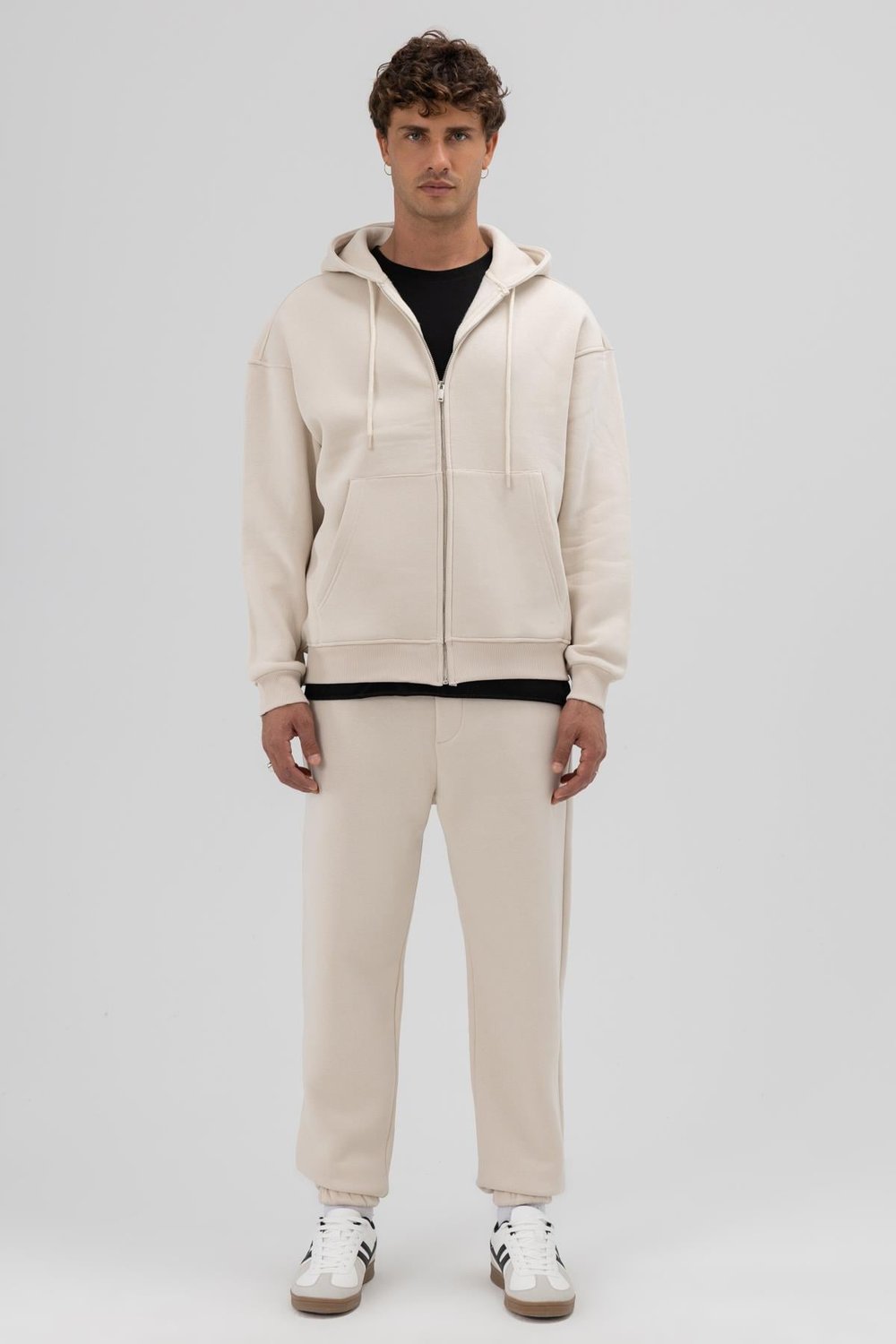 Basic Fermuarlı Oversize Kapüşonlu Sweatshirt Taş