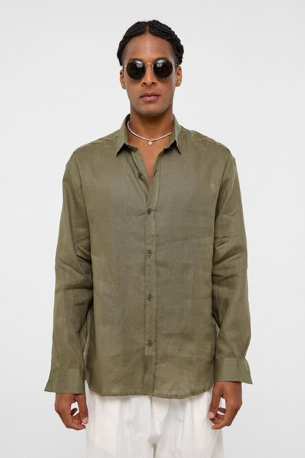 %100 Keten Oversize Uzun Kollu Gömlek Haki