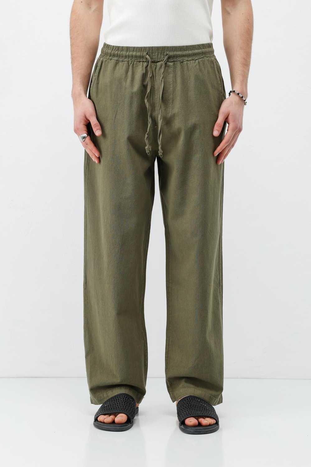 Bel Lastikli Baggy Fit Keten Pantolon Haki