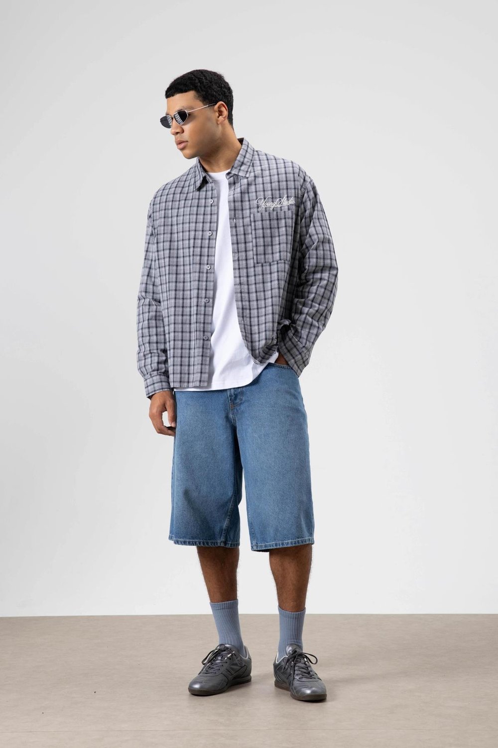 Oversize Kareli Arka Baskılı Uzun Kol Gömlek Gri-Lacivert