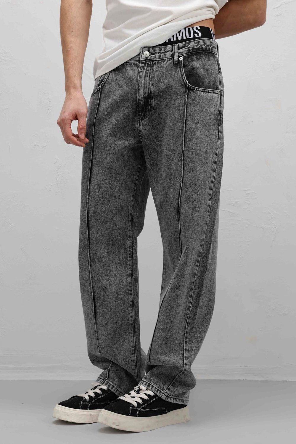 Dikiş Detaylı Relaxed Fit Jean Gri