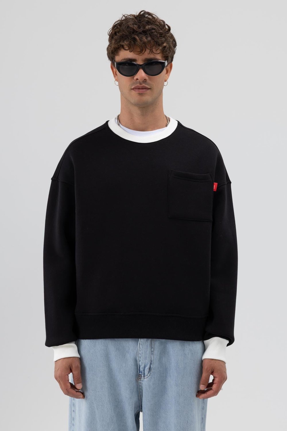 Bisiklet Yaka Cep Detaylı Oversize Sweatshirt Siyah