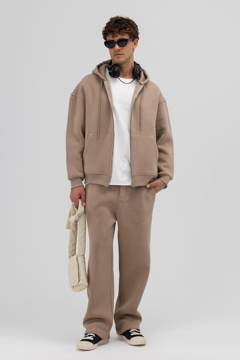 Basic Fermuarlı Oversize Kapüşonlu Sweatshirt Vizon