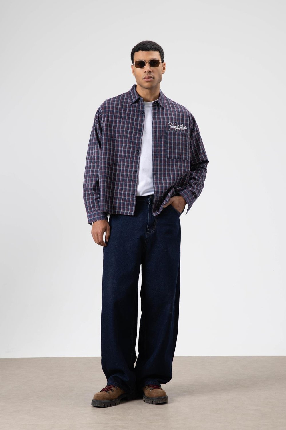 Oversize Kareli Arka Baskılı Uzun Kol Gömlek Lacivert-Bordo