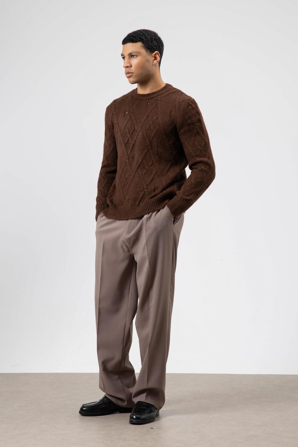 Oversize Desenli Triko Kazak Kahve