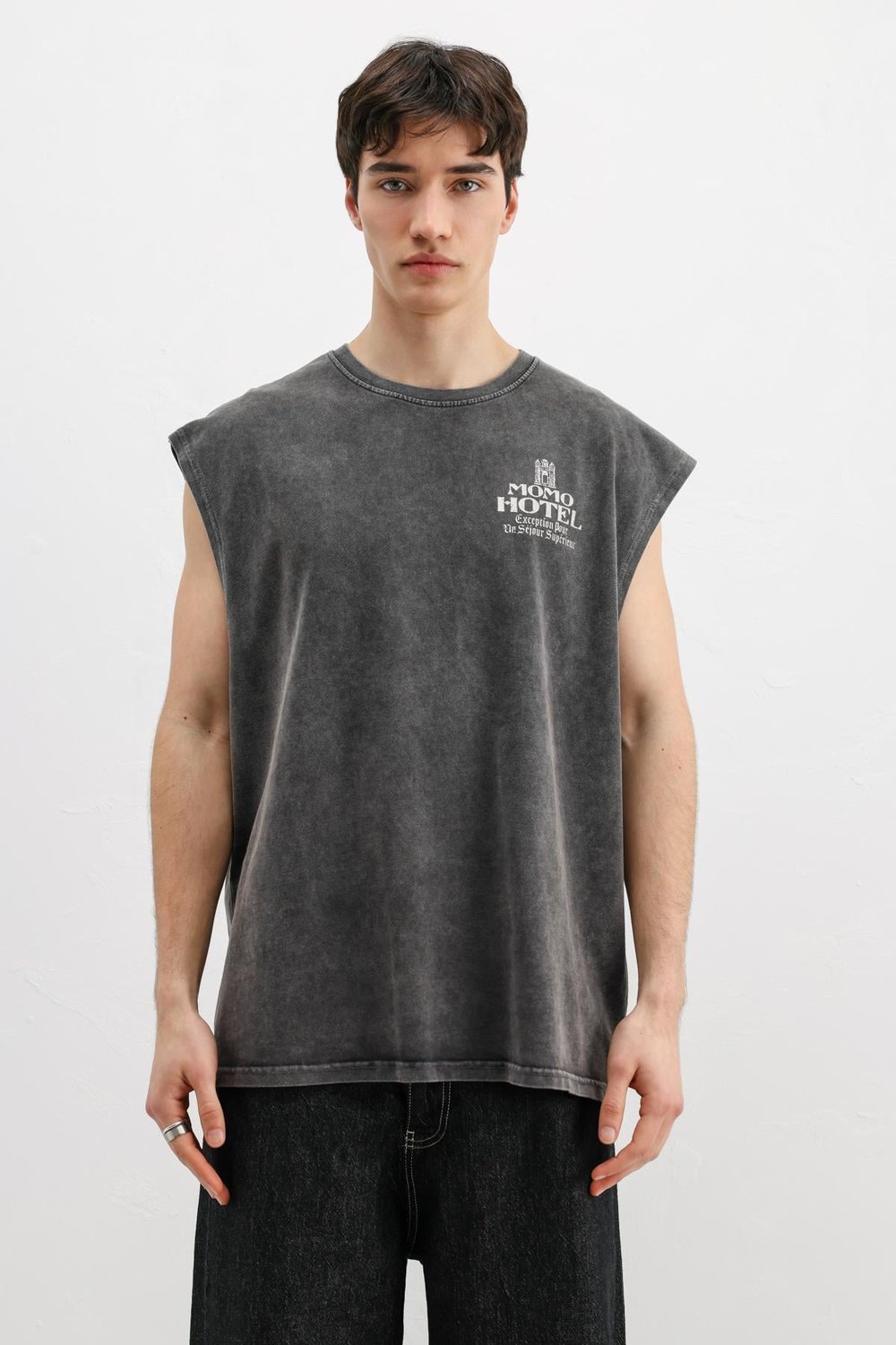 Baskılı Kolsuz Oversize Tişört Siyah