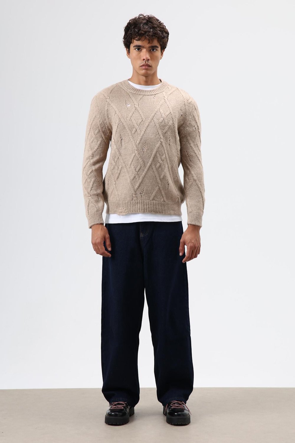 Oversize Desenli Triko Kazak Bej