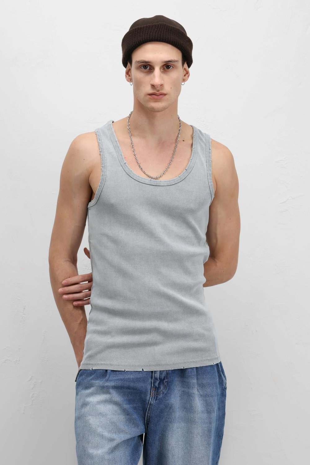 Yıkamalı Tank Top Kaşkorse Atlet Gri