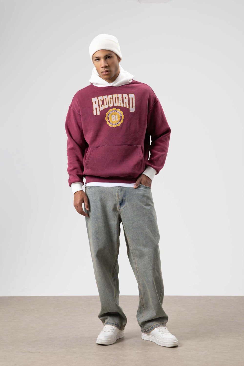 Oversize Baskılı Kapüşonlu Sweatshirt Bordo