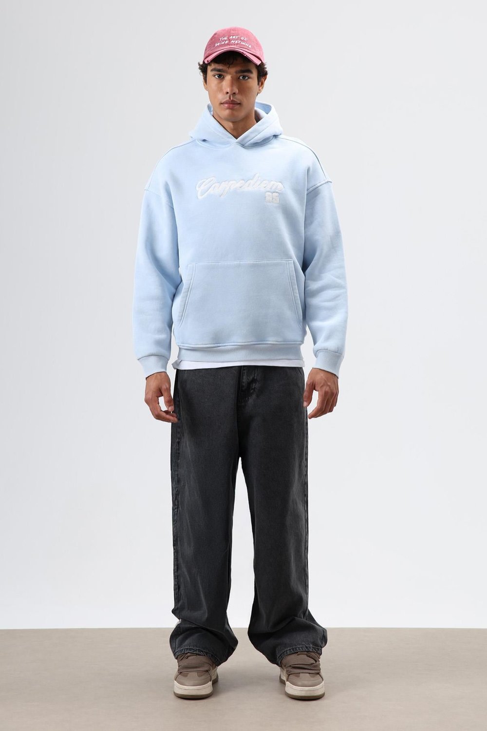 Oversize Baskılı Kapüşonlu Hoodie Bebe Mavi