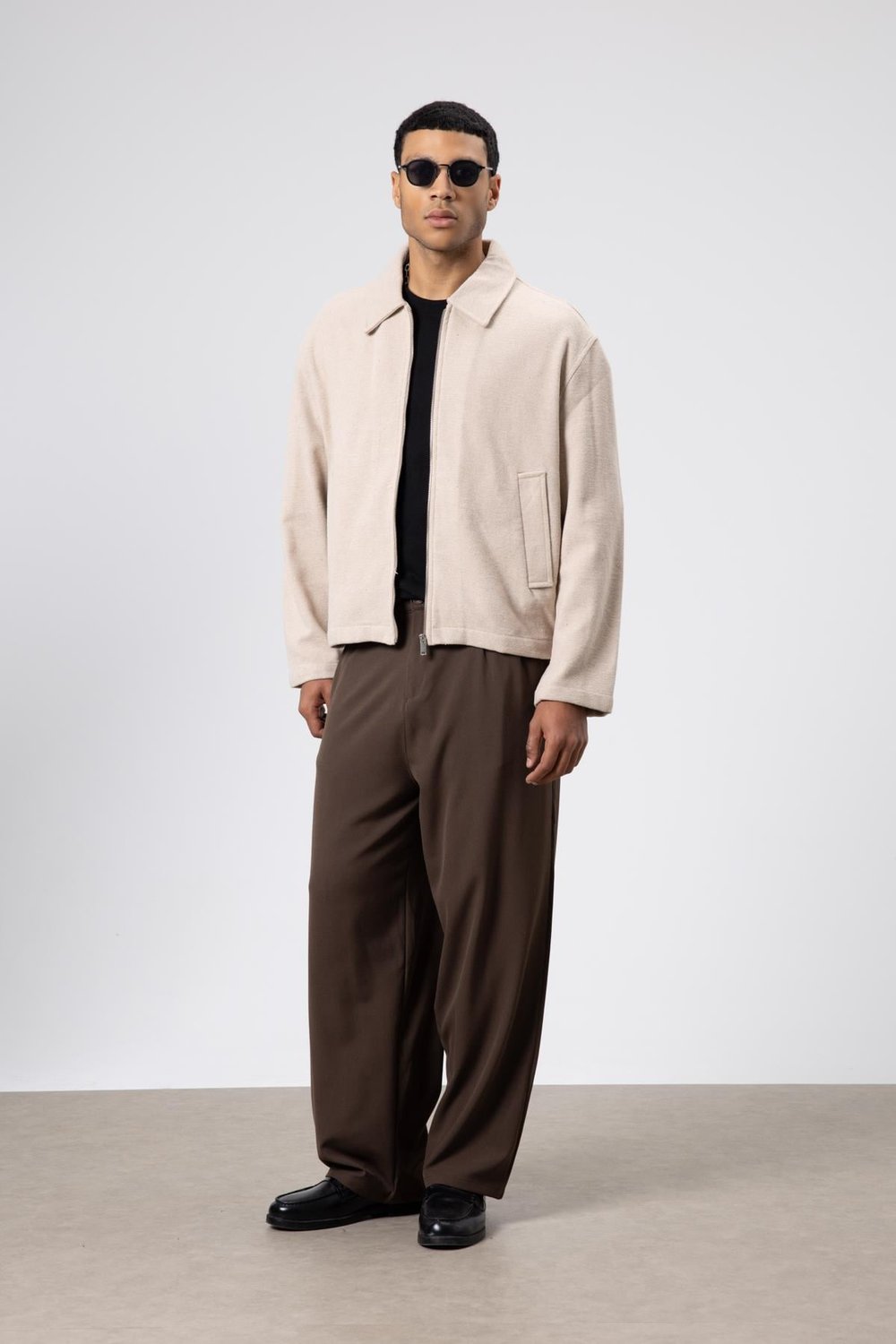 Oversize Fermuarlı Kaşe Ceket Bej