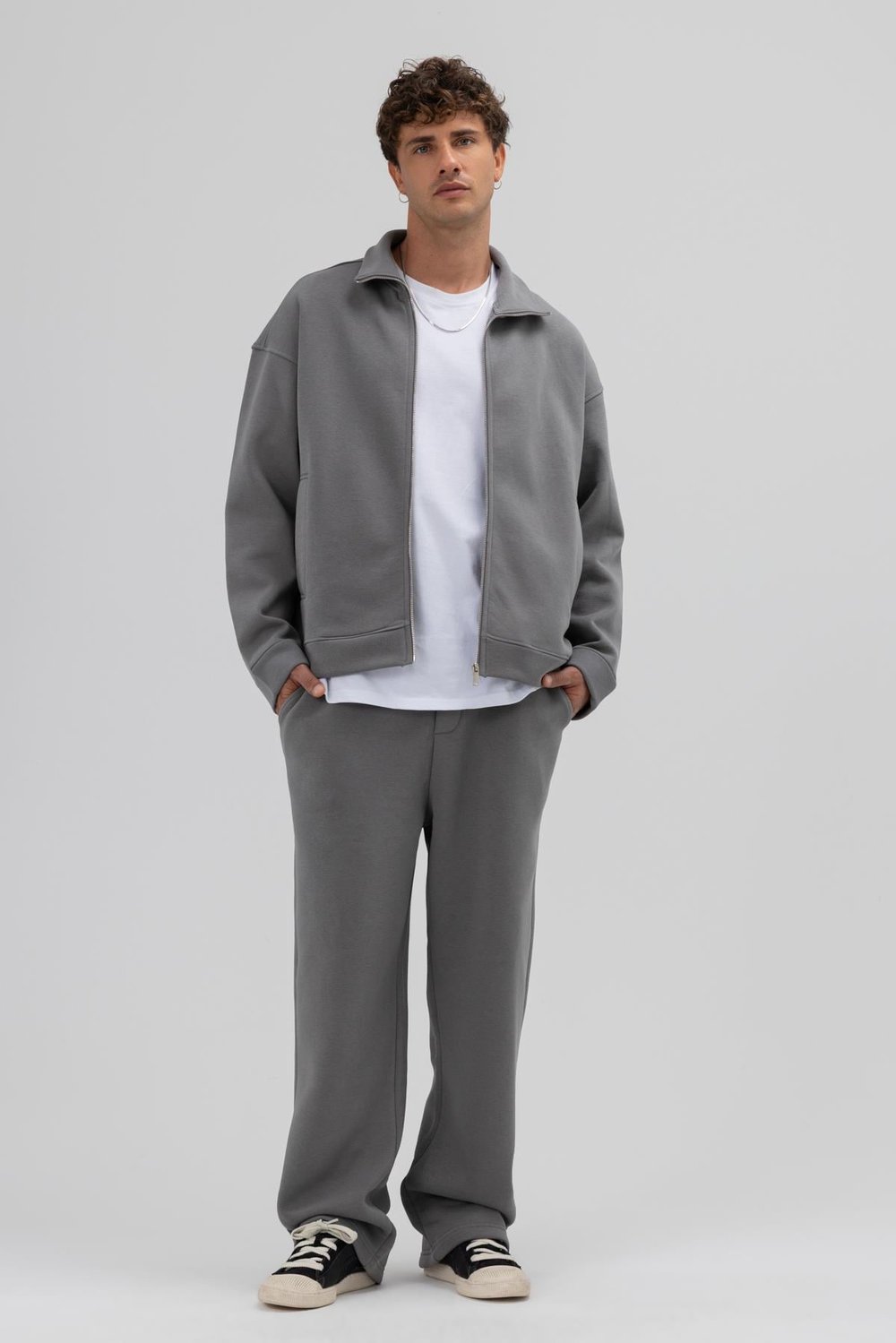 Oversize Önü Fermuarlı Dik Yaka Sweatshirt Füme