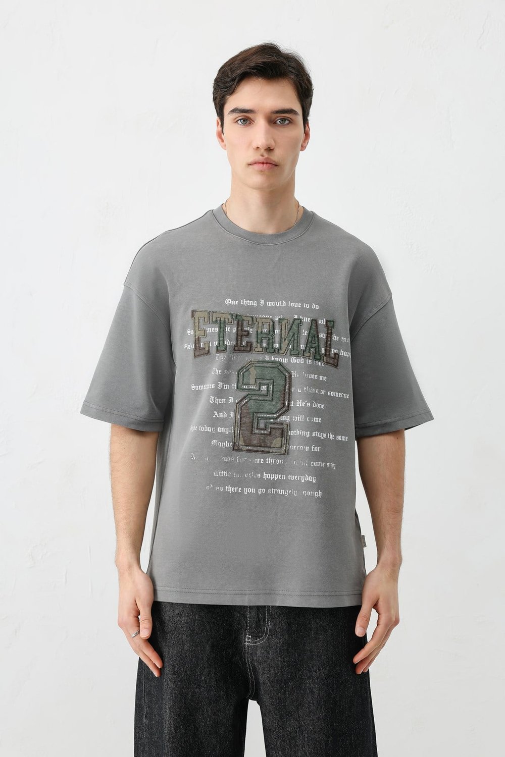 Oversize Baskılı Tişört Füme