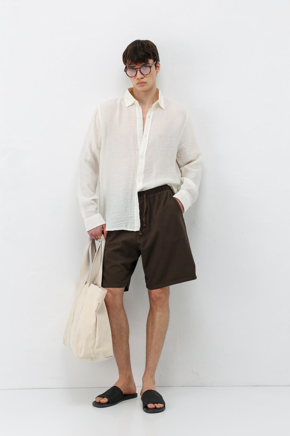 Oversize Keten Şort Kahve