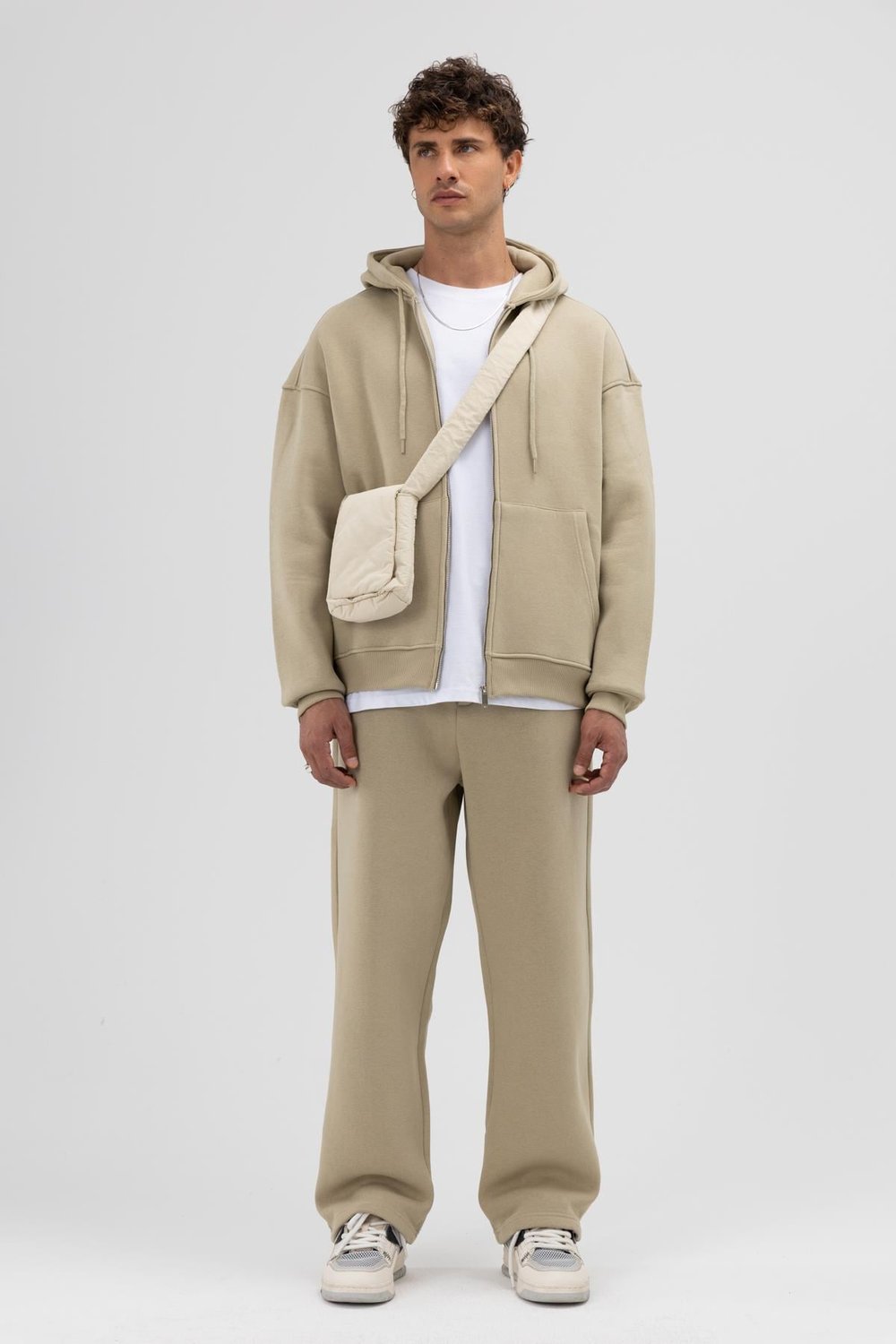 Basic Fermuarlı Oversize Kapüşonlu Sweatshirt Haki